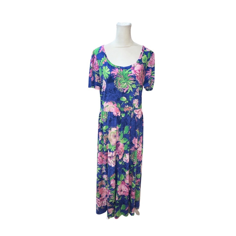 LuLaRoe Riley Dress Large L Blue Pink Floral Short Sleeve Maxi Scoop Neck NWT